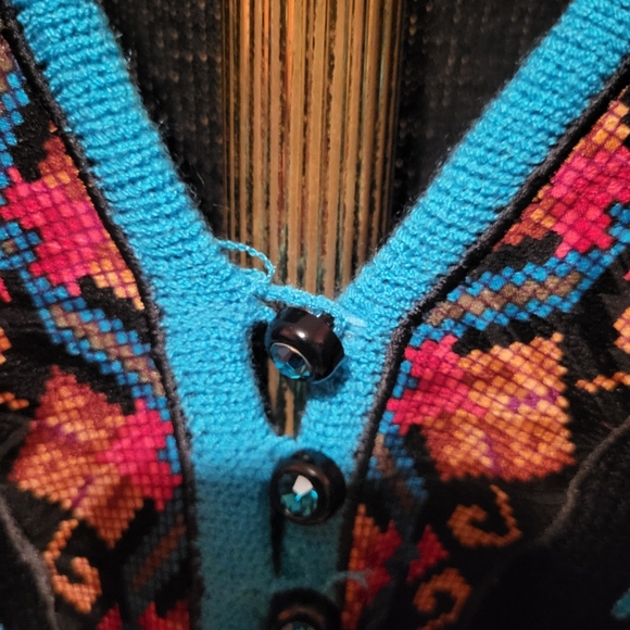 Vintage Anne Crimmins Embroidered  Black & Teal Blue Women's Sweater Sz Large - Picture 5 of 7